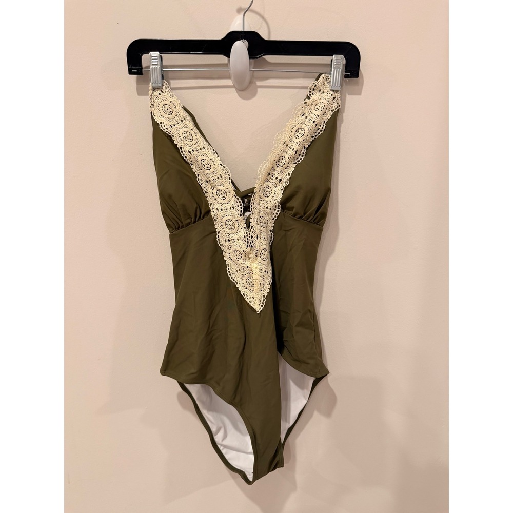 Cupshe Olive Green Crochet Lace Trim V-Neck‎ One Piece Swimsuit Large NWT
